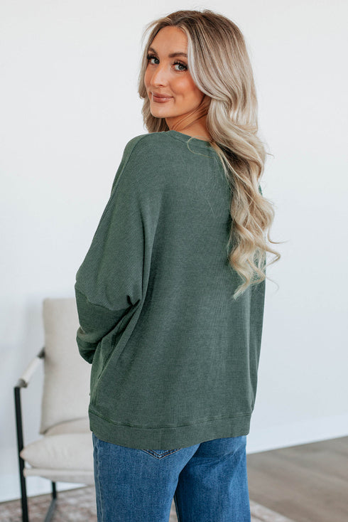 Waffle Knit Drop Shoulder Wide Crewneck Banded Hem Loose Fit Top
